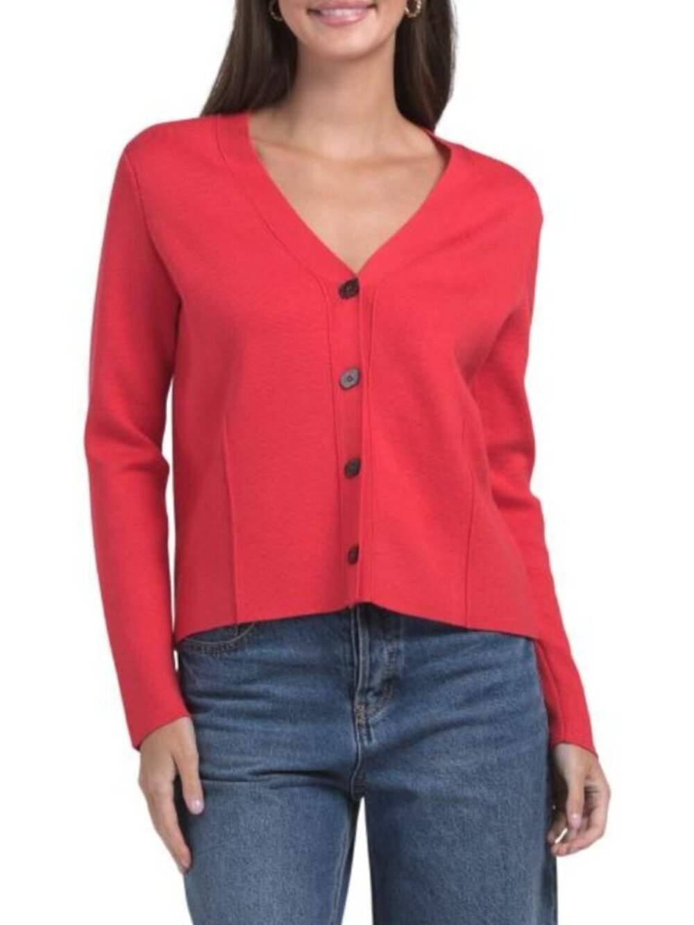 METRIC KNITS V-neck Long Sleeve Cardigan With Pleat Detail